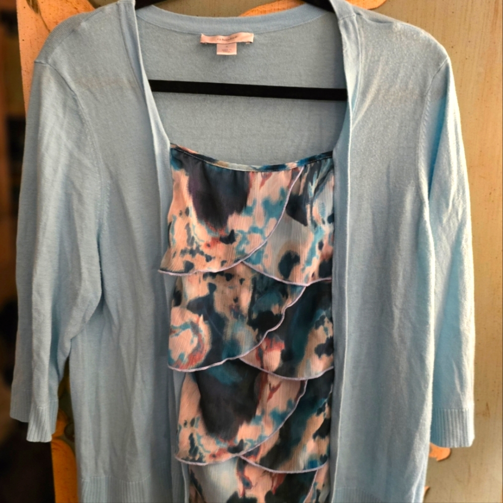 CJ Banks light blue short sleeved dress top with faux cardigan Size "X" (14w)